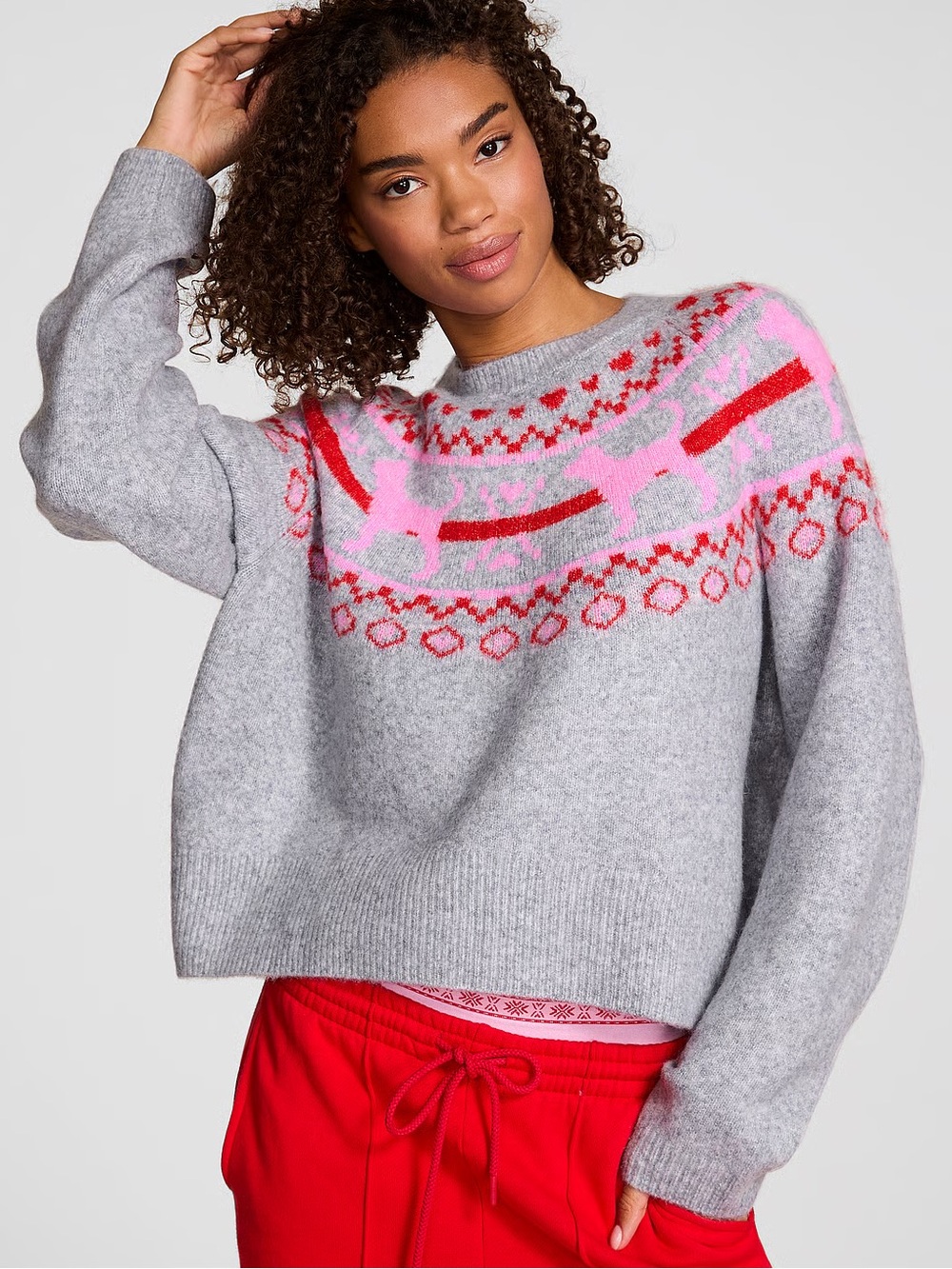 Victoria's Secret Pink Not Your Boyfriends Boxy Sweater Sz XL Fair Isle Dog NWT